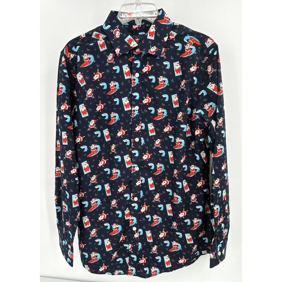 SIMON BANKS SURFING SANTA BUTTON FRONT‎ CHRISTMAS SHIRT Men's Size Medium Blue - Picture 3 of 4